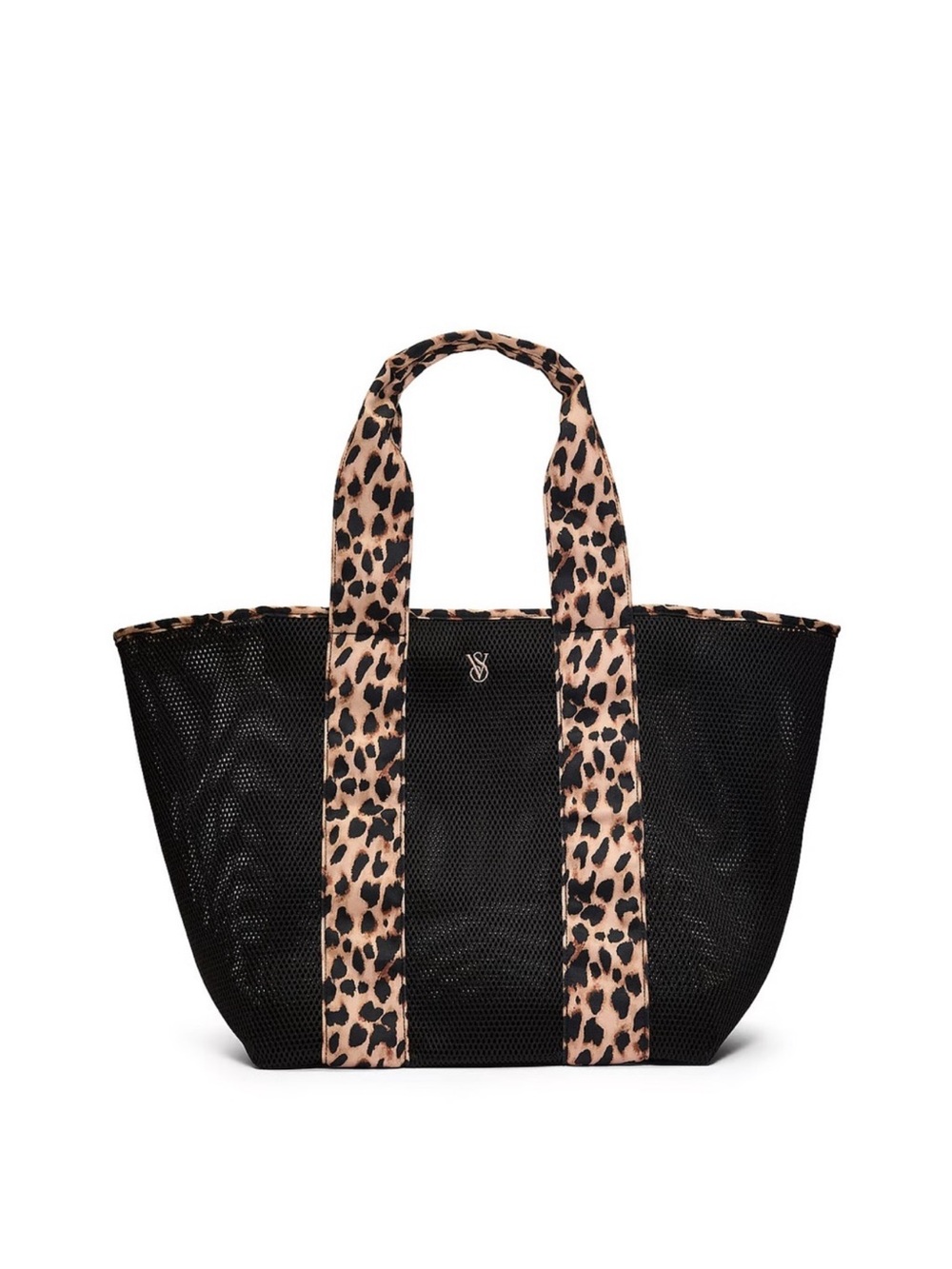 Victoria's Secret Black Mesh Tote Bag with Leopard Print Straps & Trim